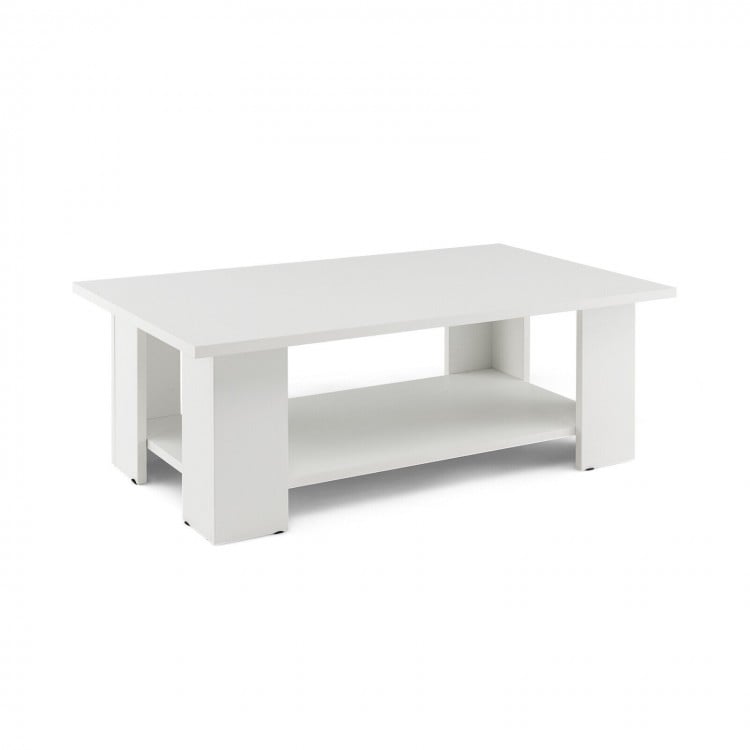 Large 36-inch white wooden coffee table with 2-tier storage shelf, perfect for living rooms and versatile decor styles.